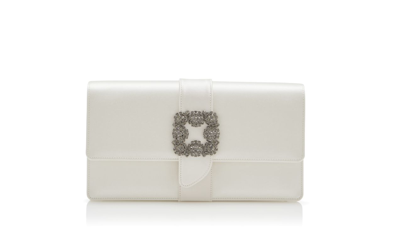 Bolsa de Mão Retangular em Satin Off-White com Fivela de Jóia