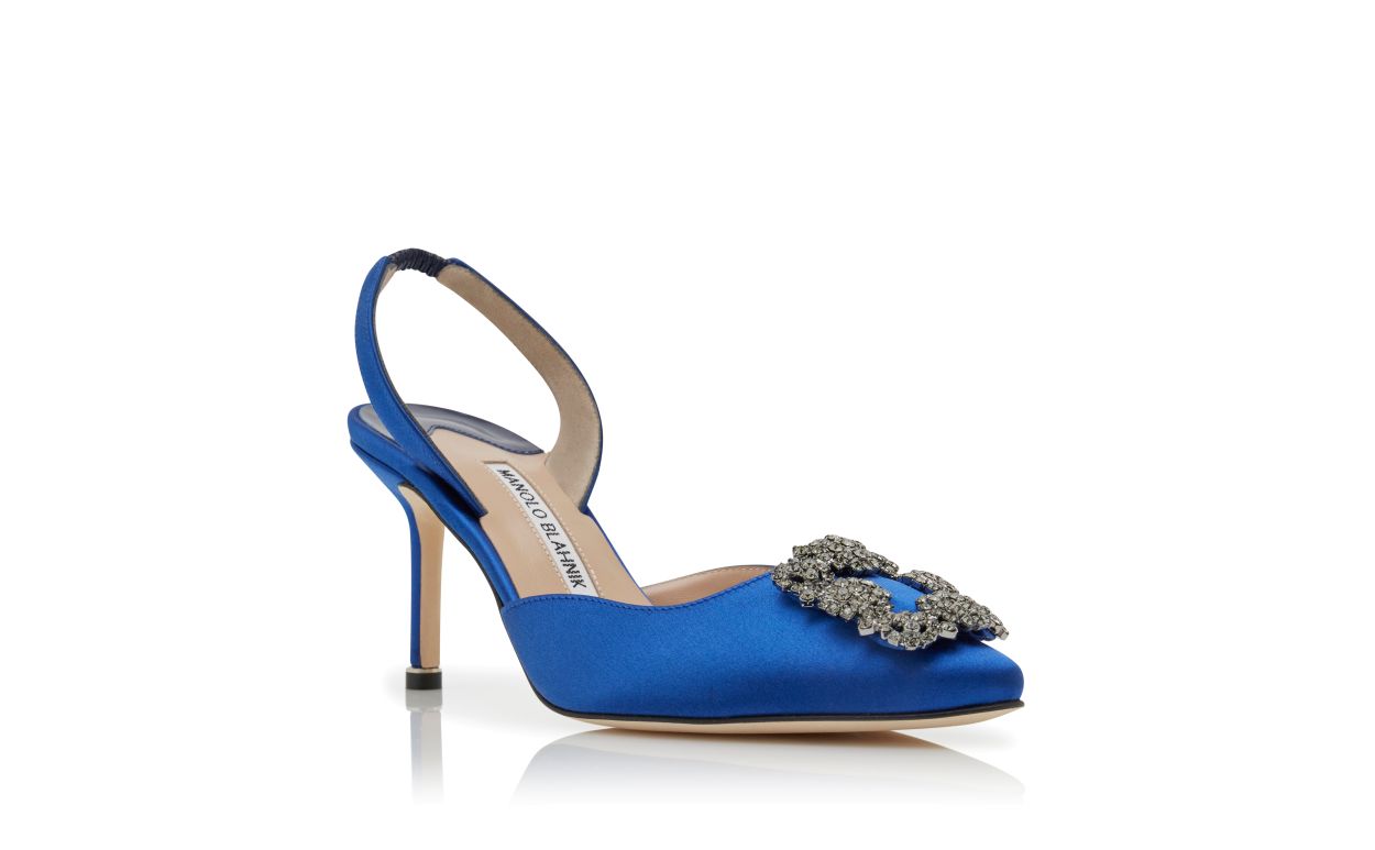 Sapatos de Salto Alto com Fivela de Jóia em Satim Azul
