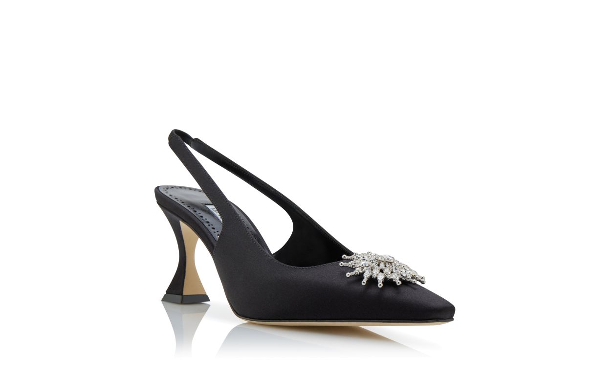 Sapatilhas Slingback de Satin Preto com Detalhes em Cristal