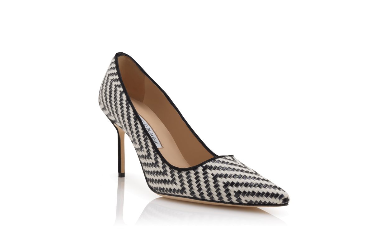 Sapatos de Salto Alto Ponta em Raffia Preto e Branco