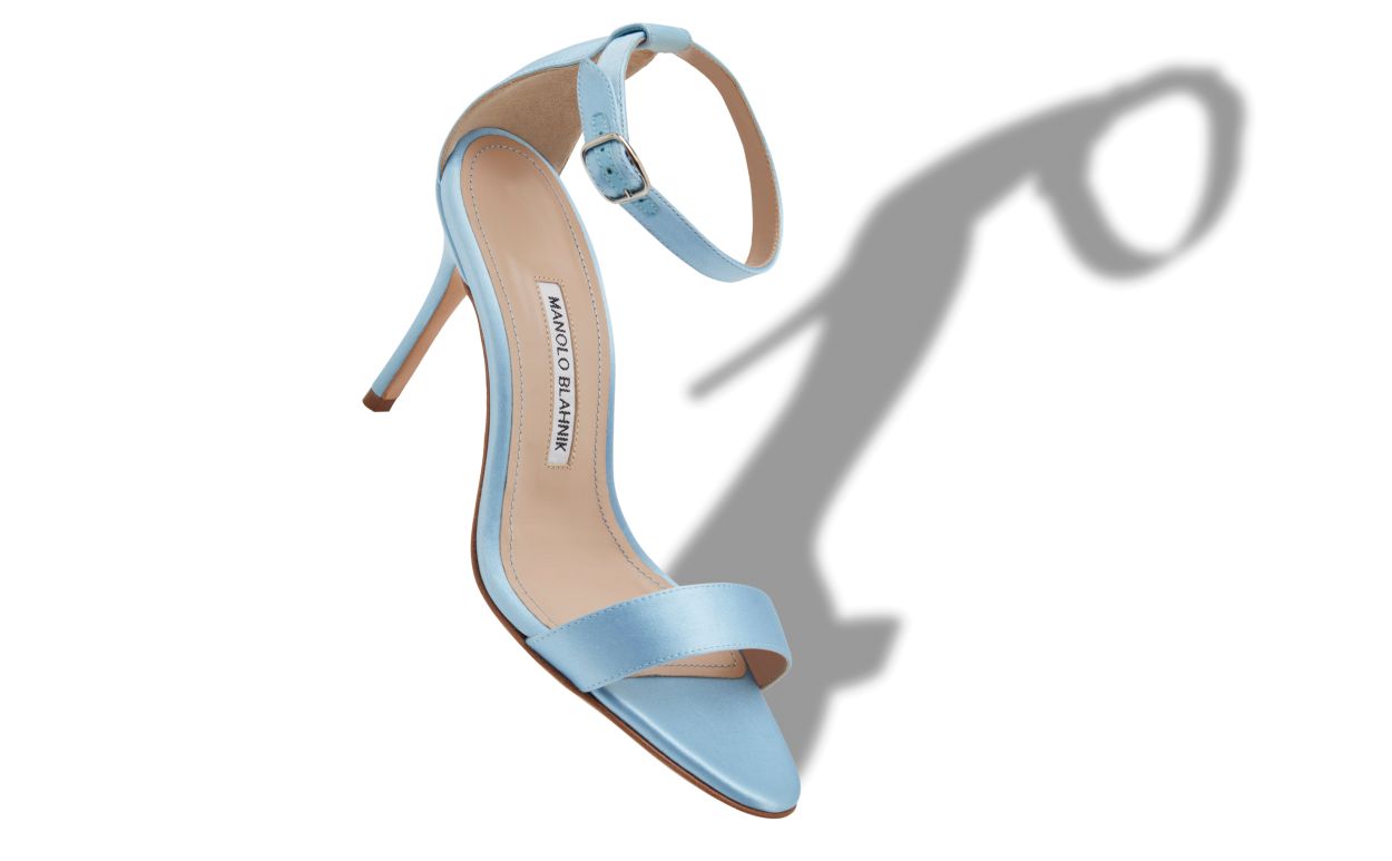Sandalhas de Salto Alto com Fivela para o Tornozelo em Satinê Azul Claro