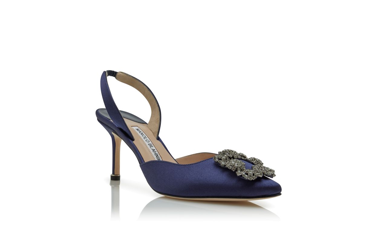 Sapatilhas Slingback com Fivela de Joia em Satinê Azul-Marinho