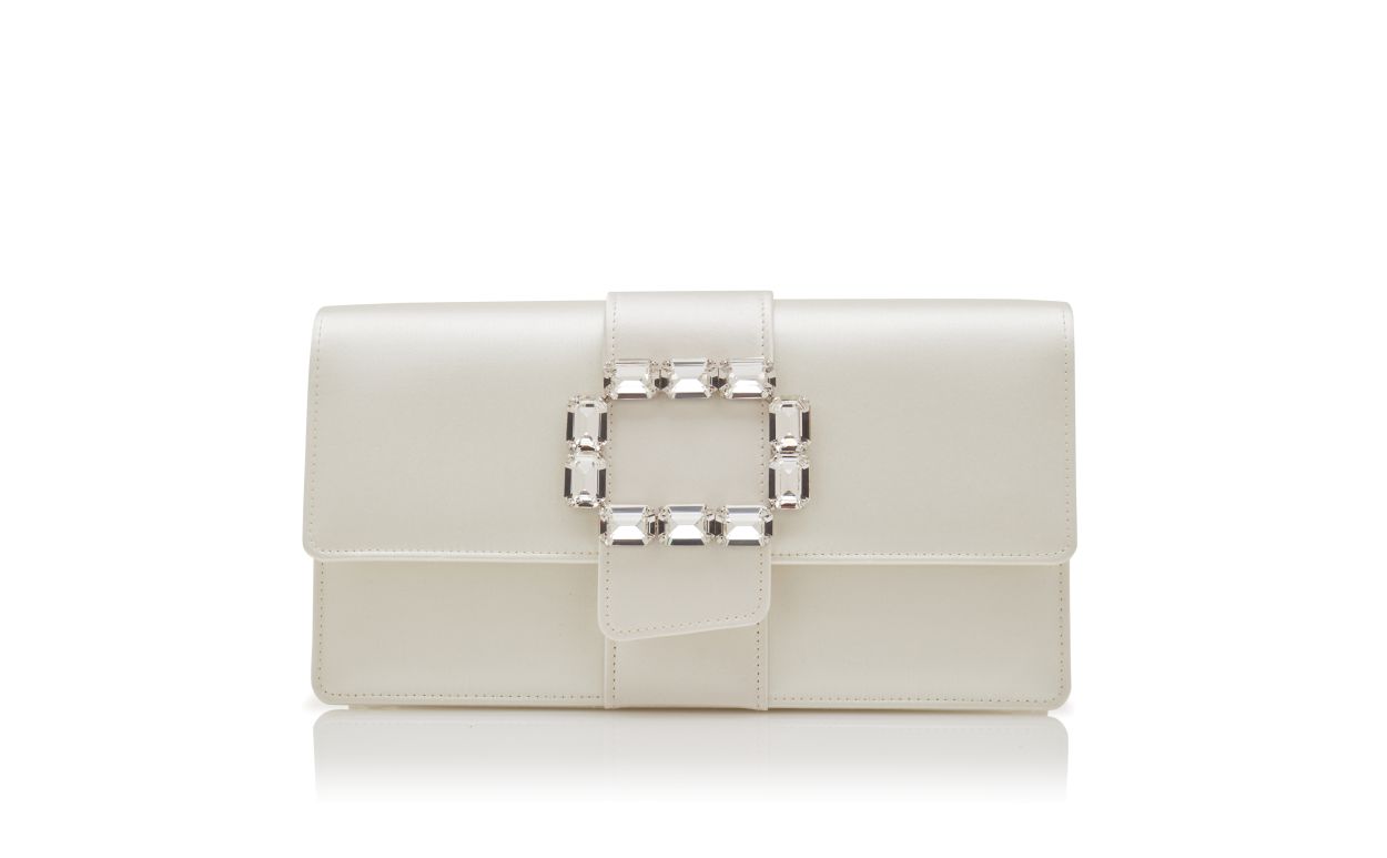Bolsa de Punho Retangular de Seda Creme com Fivela de Cristal