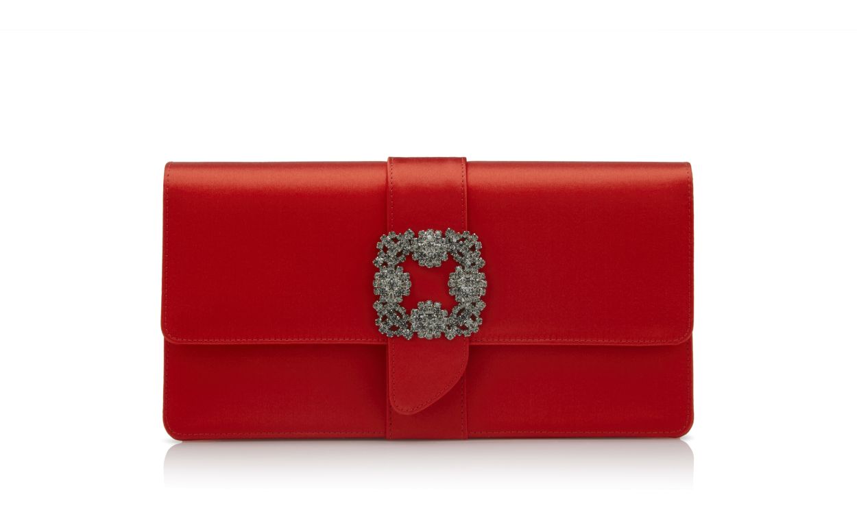 Bolsa de Mão Retangular de Satin Vermelho com Fivela de Joia