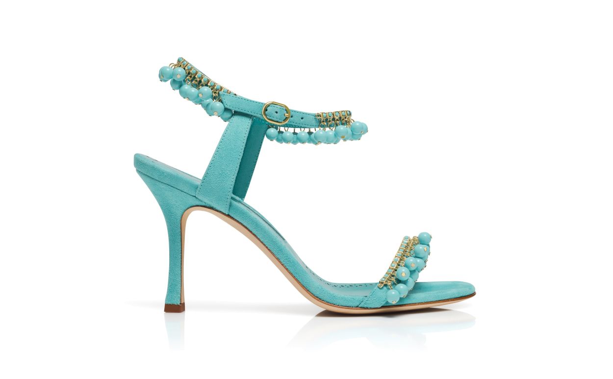 Sandalhas de Camurça Azul com Detalhes de Joias