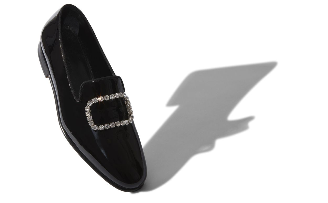 Mocassins de Couro Brilhante Preto com Fivela de Joias