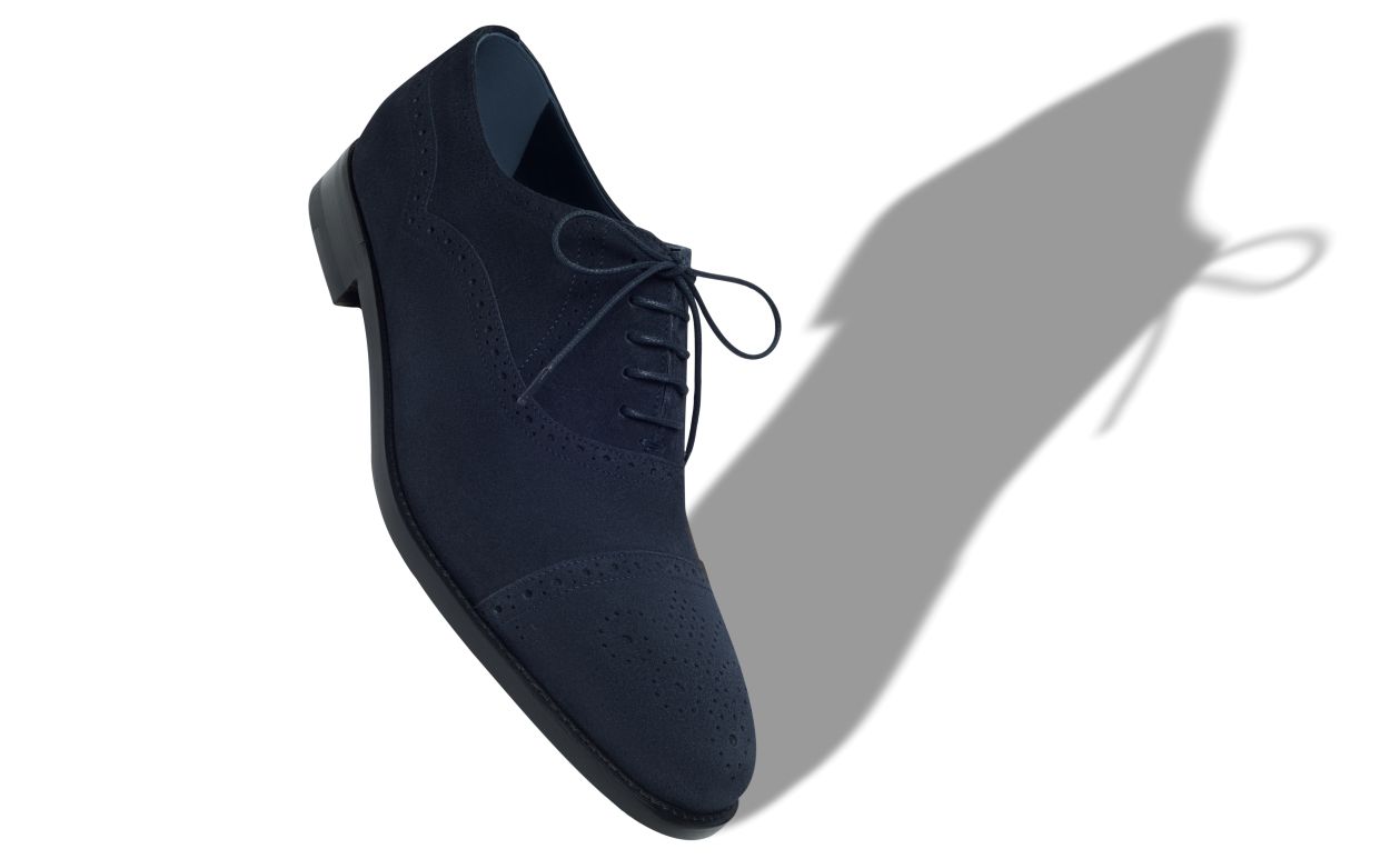 Oxfords de Couro de Camurça Azul-Marinho com Bico em Forma de Cap