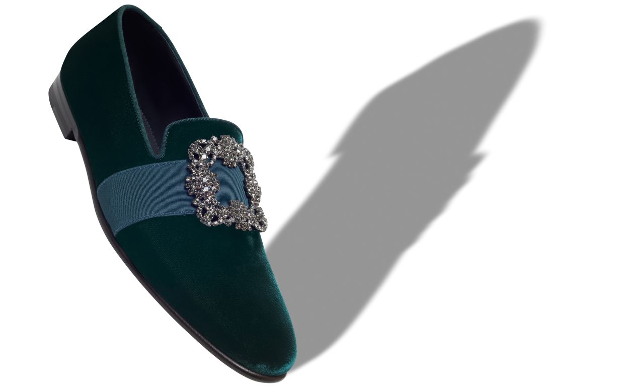 Mocassins com Fivela de Joia em Veludo Verde