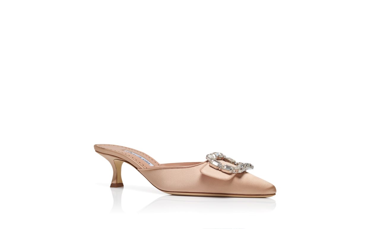 Mule com Fivela de Cristal em Seda Bege