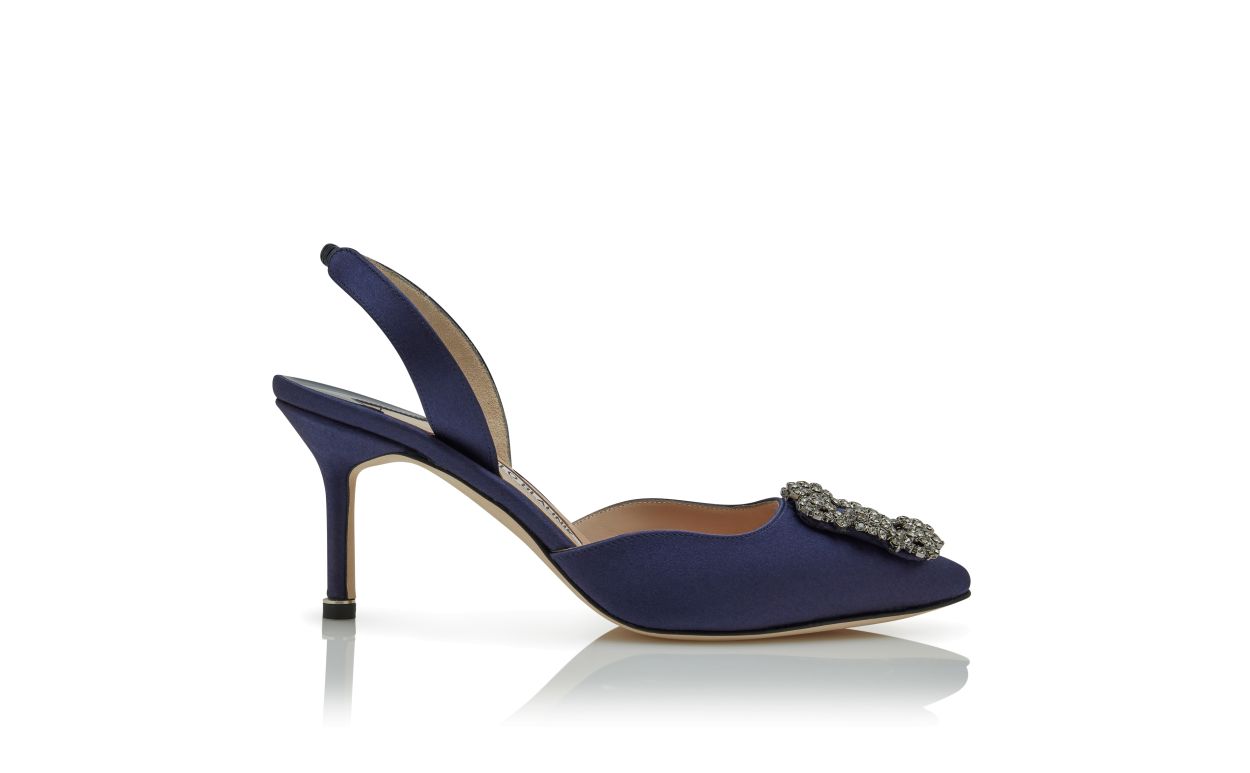 Sapatilhas Slingback com Fivela de Joia em Satinê Azul-Marinho