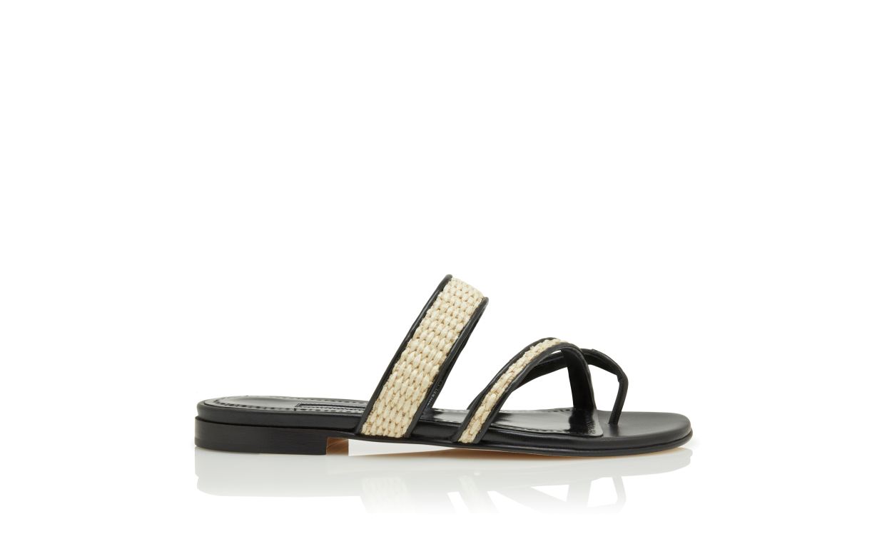Sandalhas Planas de Raffia Preto e Bege