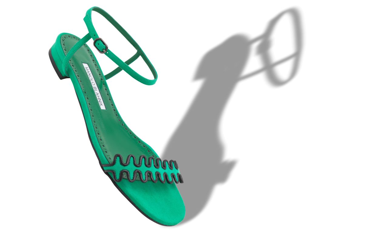 Sandalhas Planas de Suede Verde com Tira para o Tornozelo