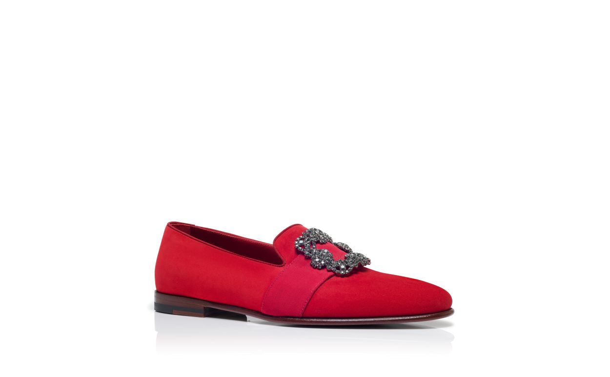 Mocassins com Fivela de Joia em Seda Vermelha