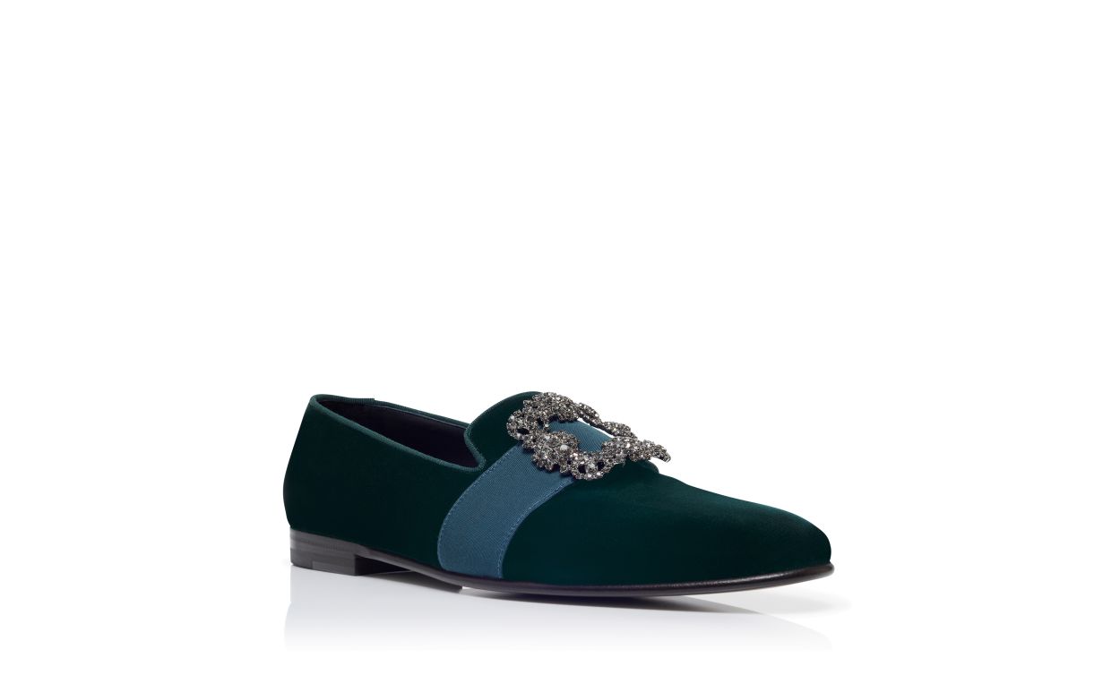 Mocassins com Fivela de Joia em Veludo Verde