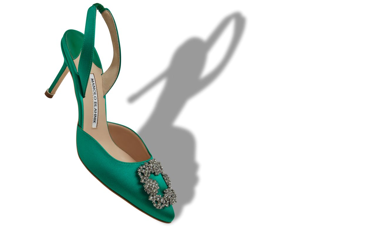 Sapatilhas Slingback de Satin Verde com Fecho de Joia