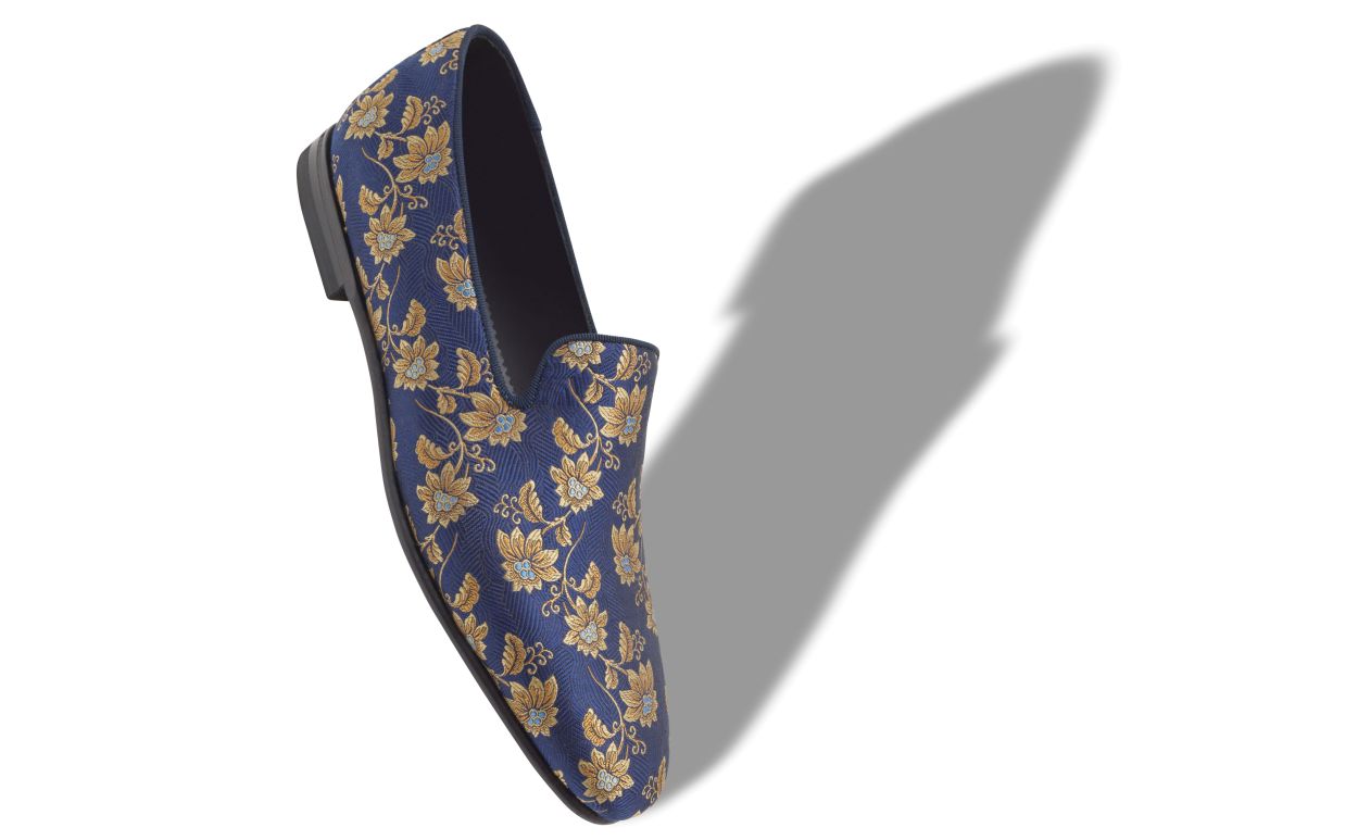 Mocassins de Seda com Estampa Floral Azul Marinho