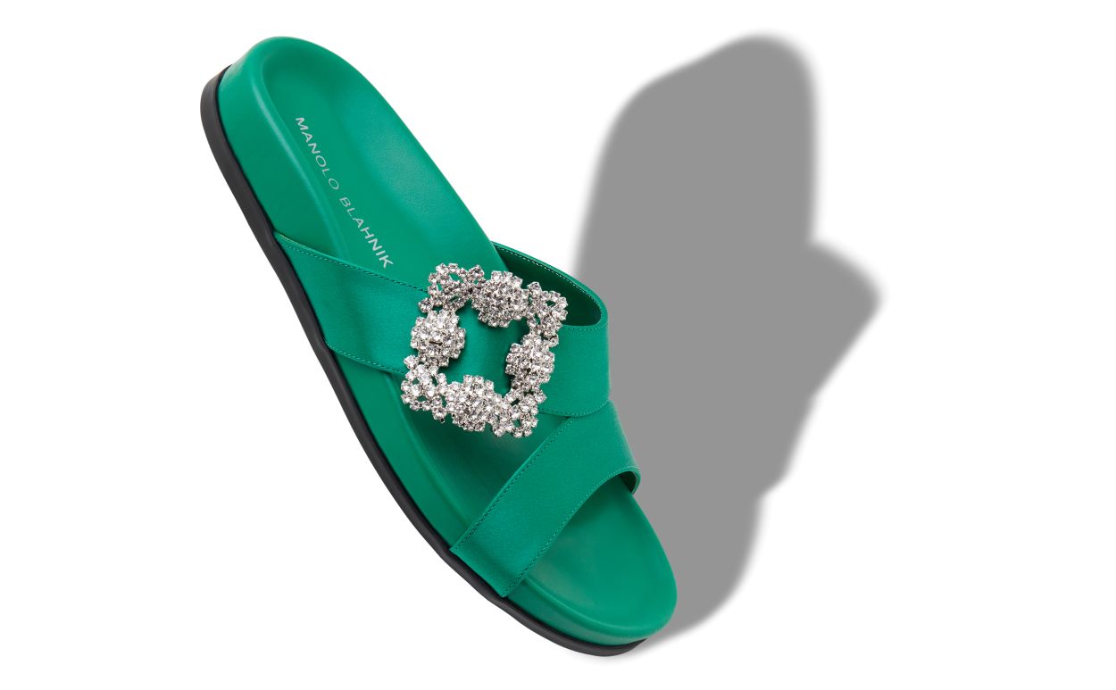 Mules Planas com Fivela de Joia em Seda Verde