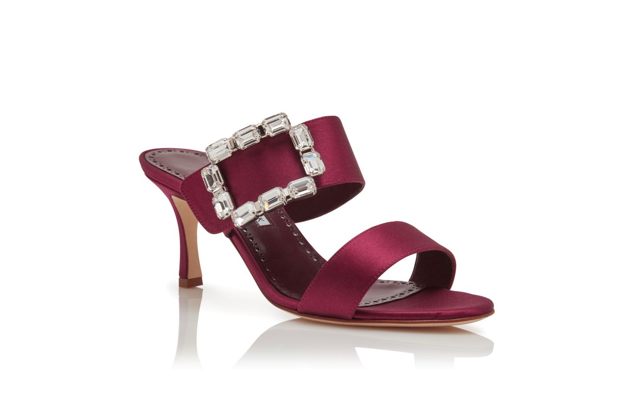 Mule com Fivela de Cristal de Seda Vermelho Escuro