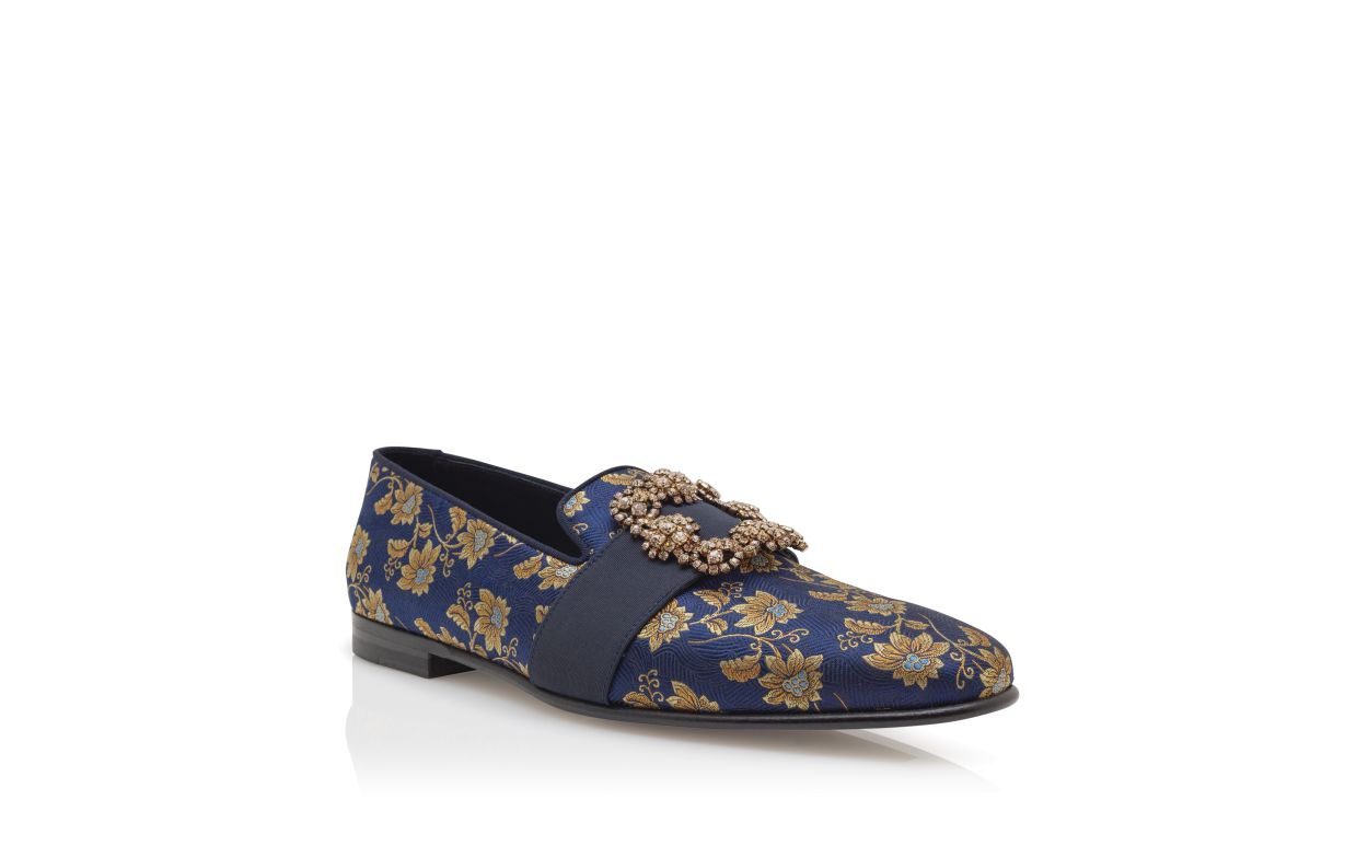 Sapatos de Lona com Botão de Joia em Seda Floral Azul-Marinho