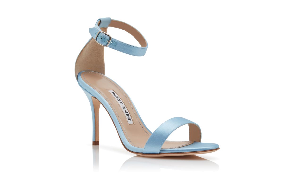 Sandalhas de Salto Alto com Fivela para o Tornozelo em Satinê Azul Claro