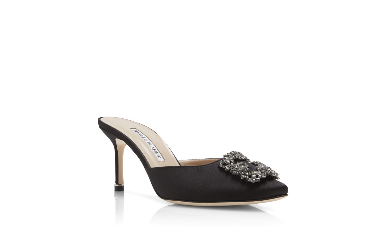 Mules de Satin Preto com Fivela de Joia
