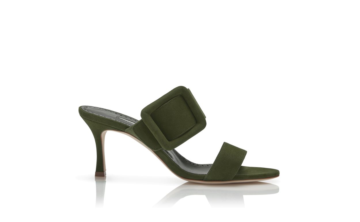 Mules de Seda Verde Khaki Escuro com Toe Aberto