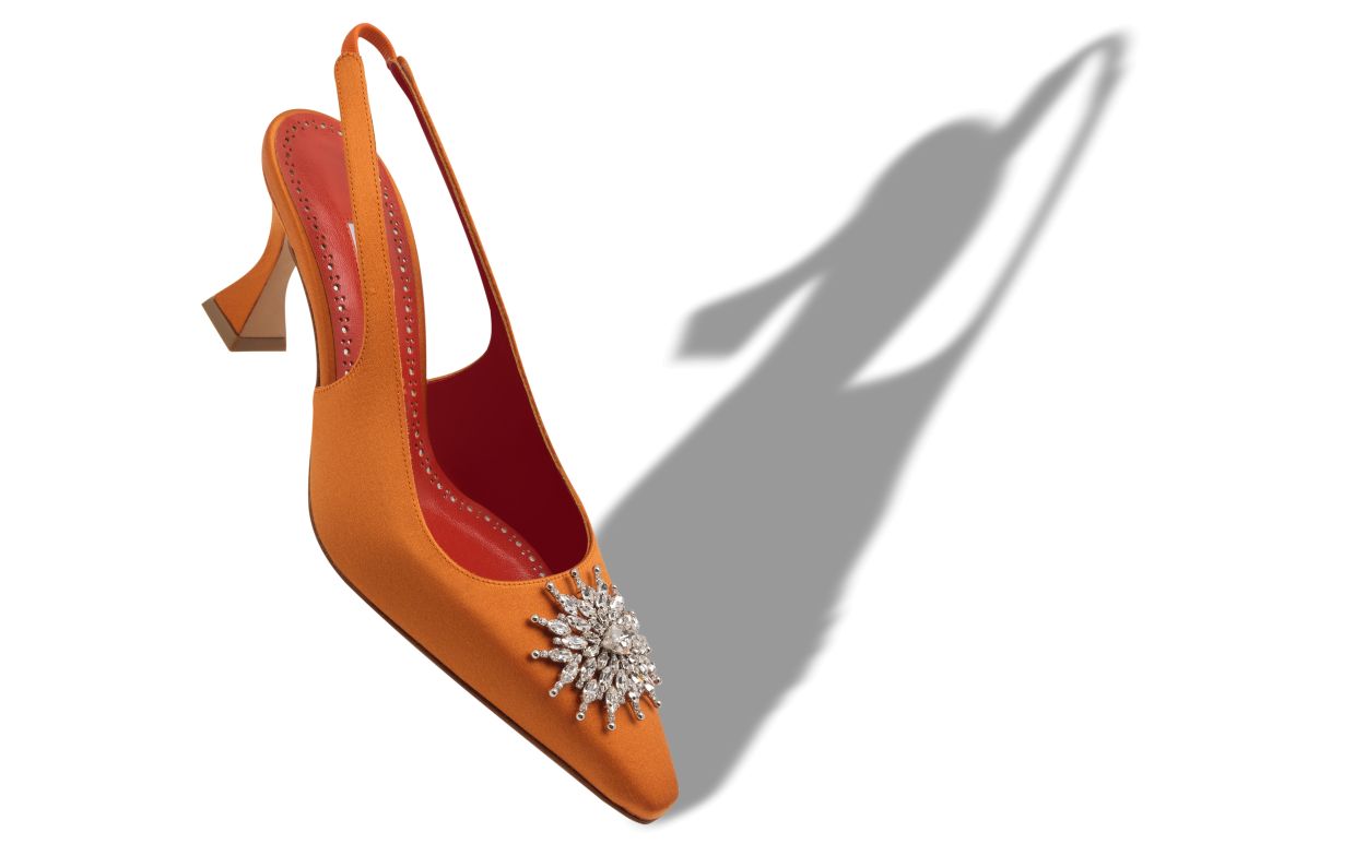 Sapatilhas Slingback com Detalhes de Cristal em Satin Laranja