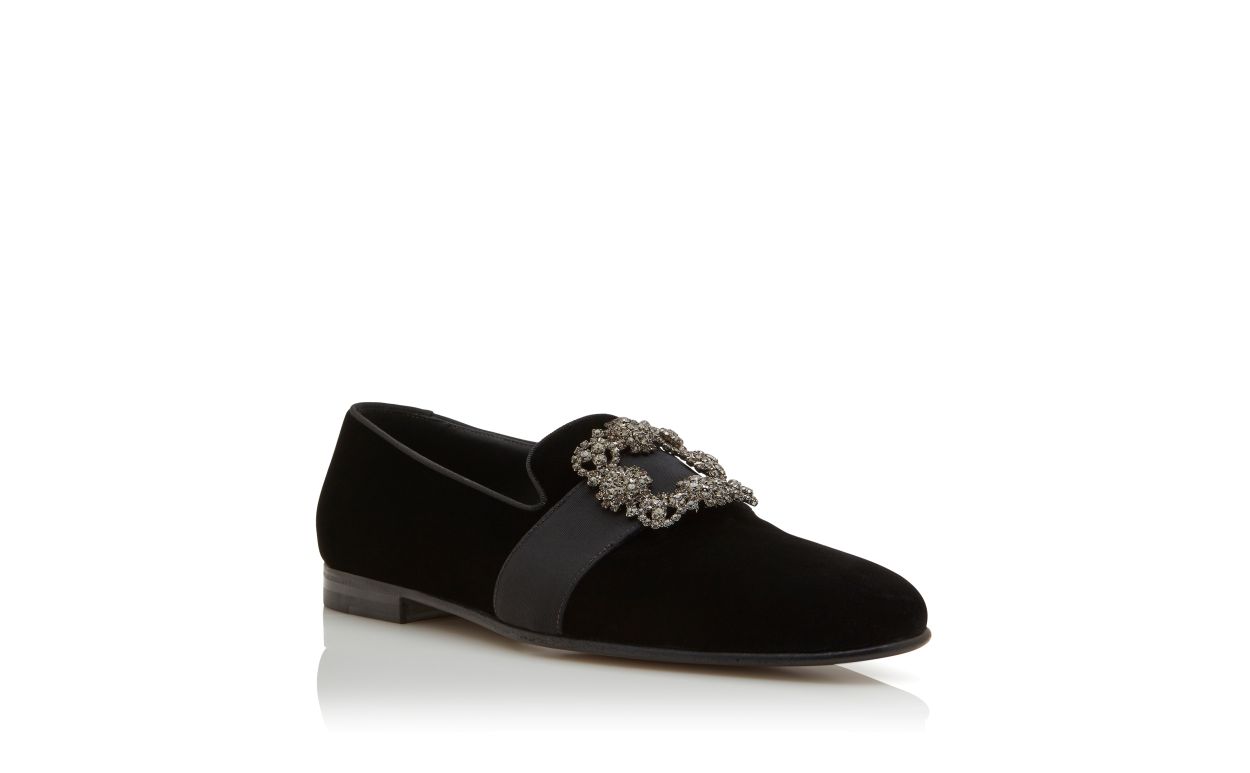Mocassins com Fivela de Joia Veludo Preto
