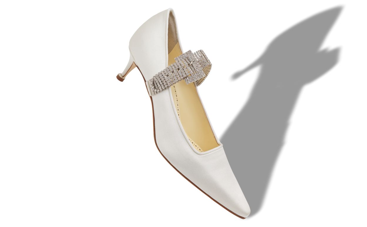 Sapatos de Salto com Fivela em Cristal Satinê Bege Claro