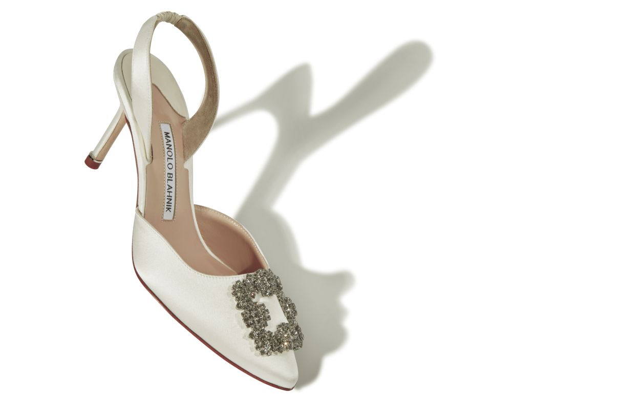 Sapatilhas Slingback de Satin Branco com Fecho de Joia