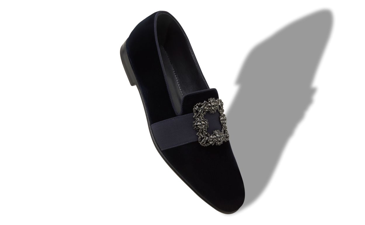Mocassins de Veludo Azul Escuro com Fivela Encravada