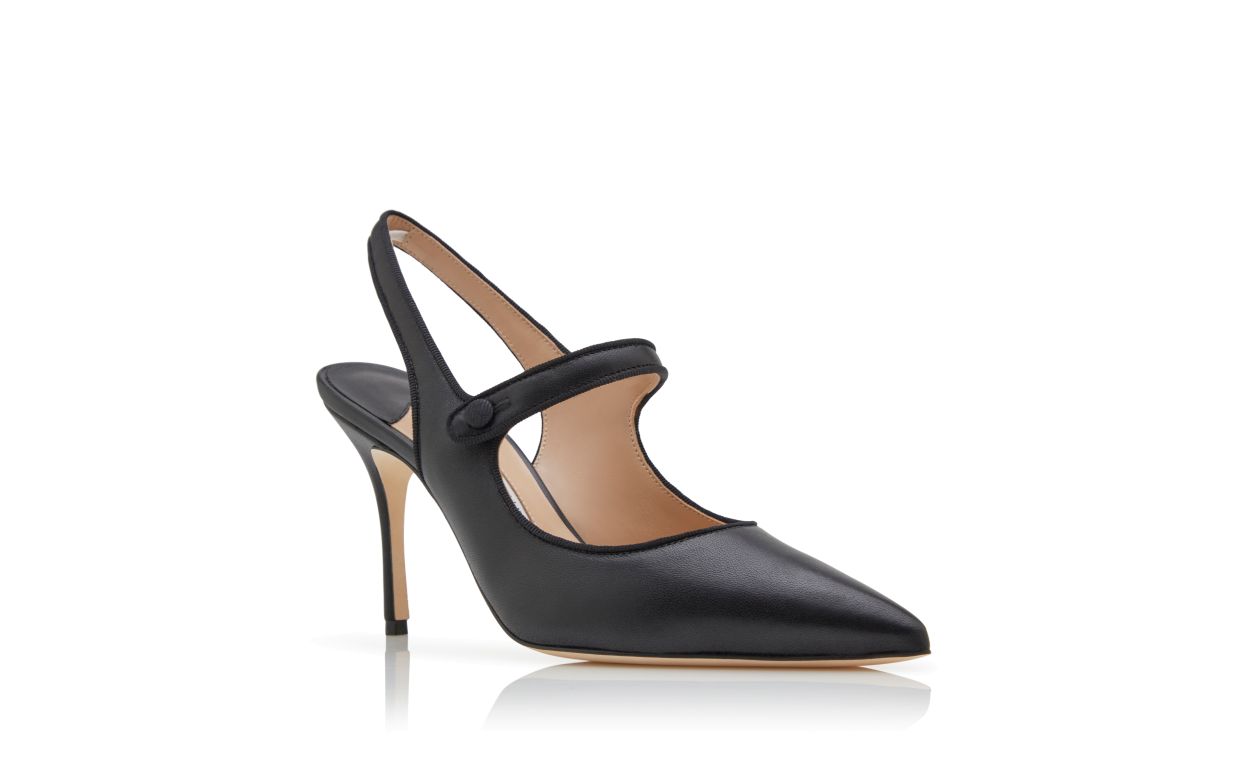 Sapatilhas de Couro Nappa Preto com Bico Pontiagudo e Salto Alto em Slingback