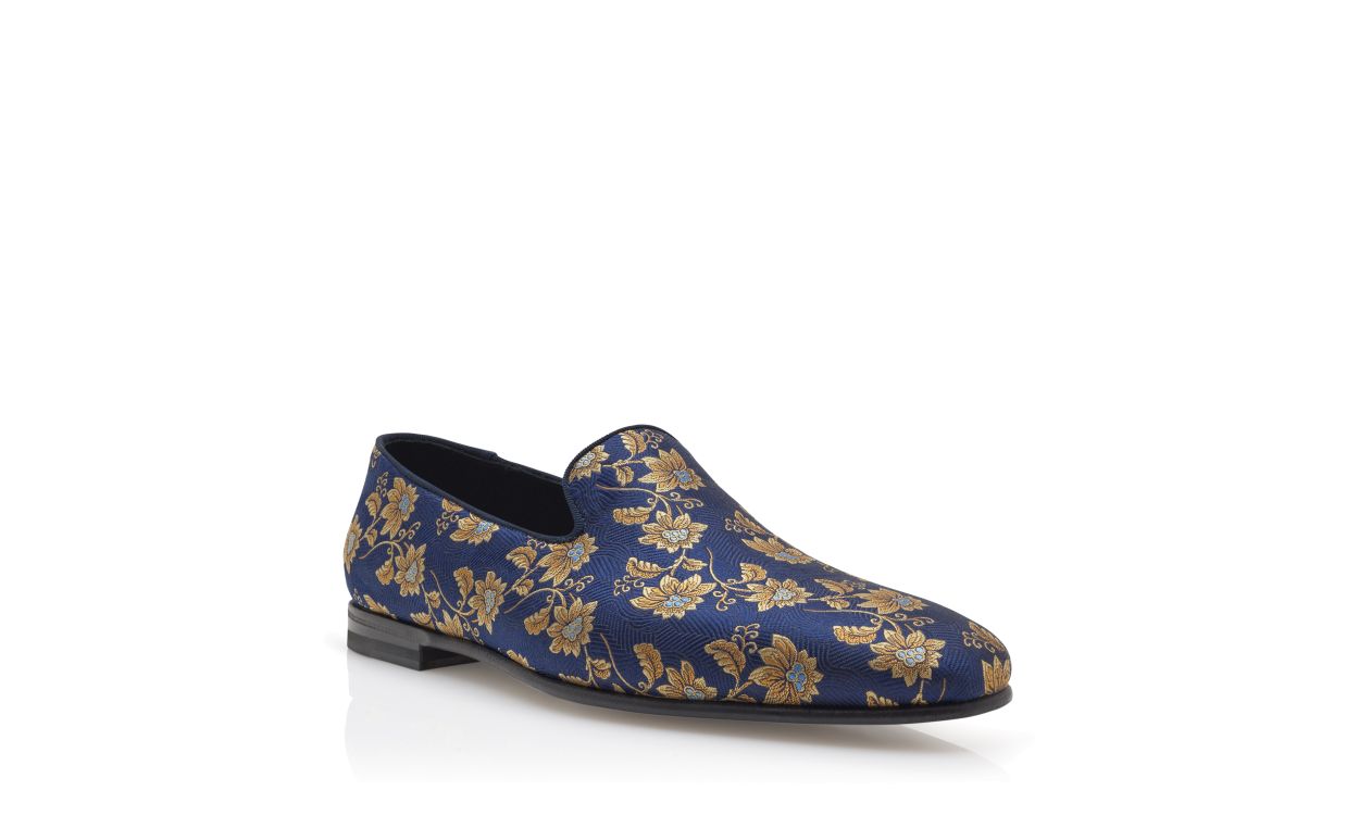 Mocassins de Seda com Estampa Floral Azul Marinho