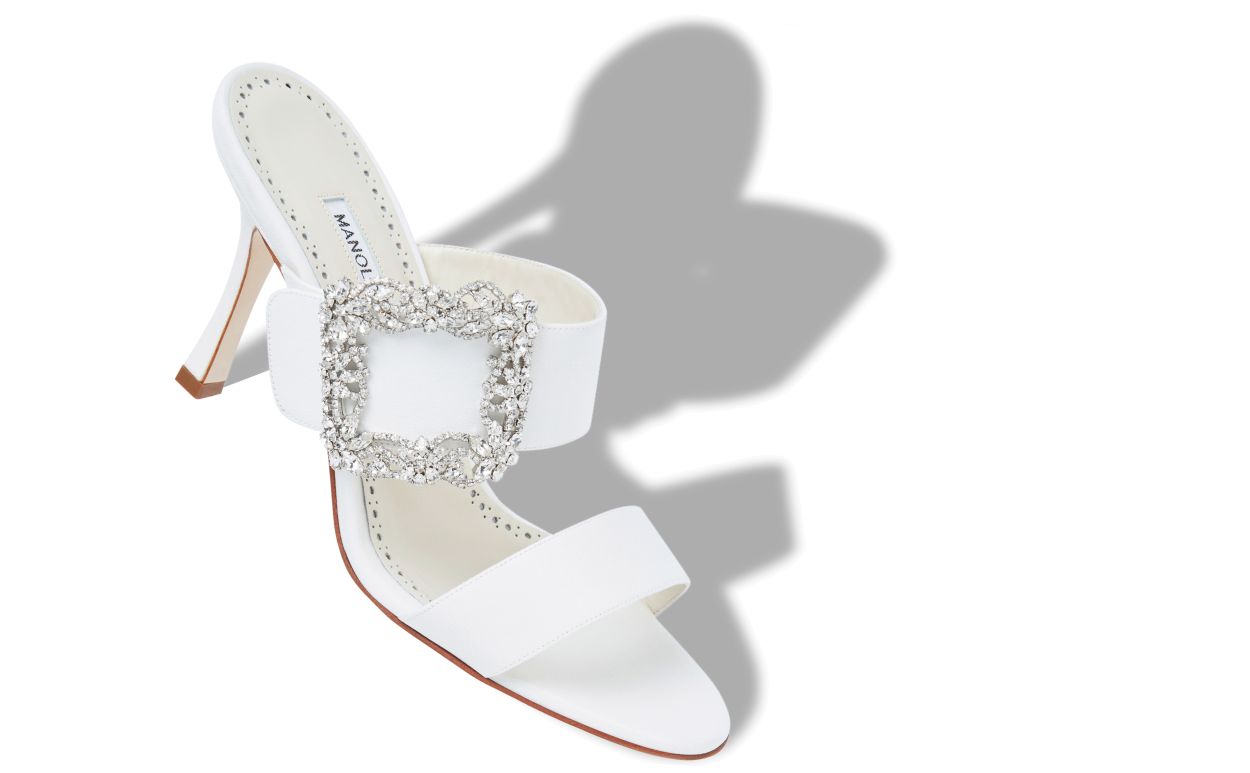 Mules de Crepe de Chine Branco com Fivela de Jóias
