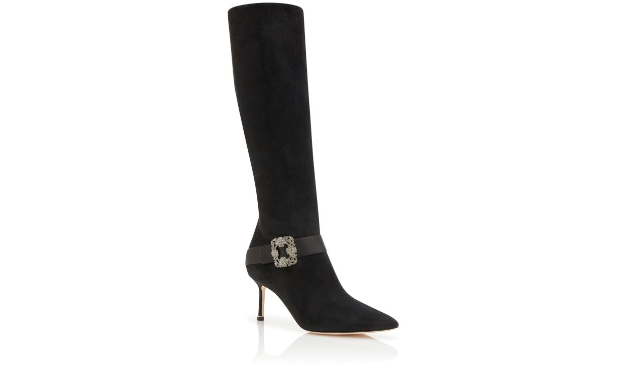 Botas Alta de Cano até o Joelho com Fivela de Joia em Couro Suede Preto