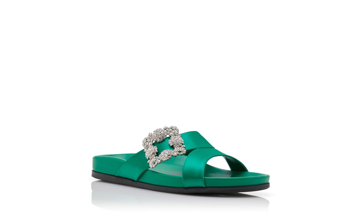 Mules Planas com Fivela de Joia em Seda Verde