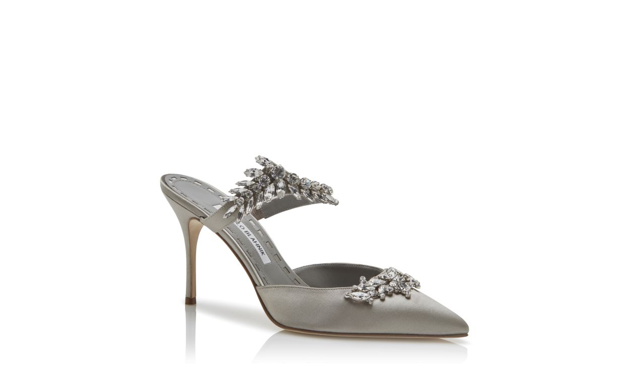 Mules de Seda Cinza com Detalhes em Cristal
