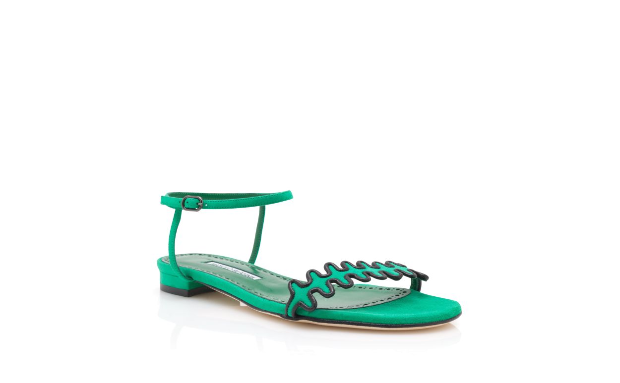 Sandalhas Planas de Suede Verde com Tira para o Tornozelo