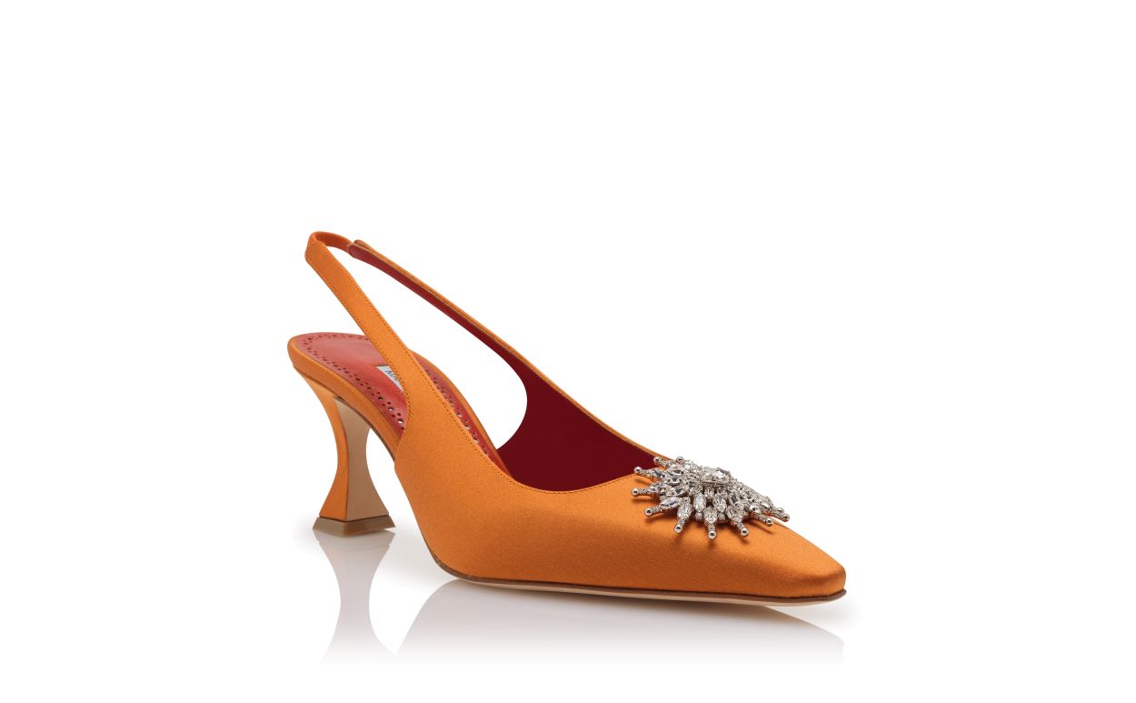 Sapatilhas Slingback com Detalhes de Cristal em Satin Laranja