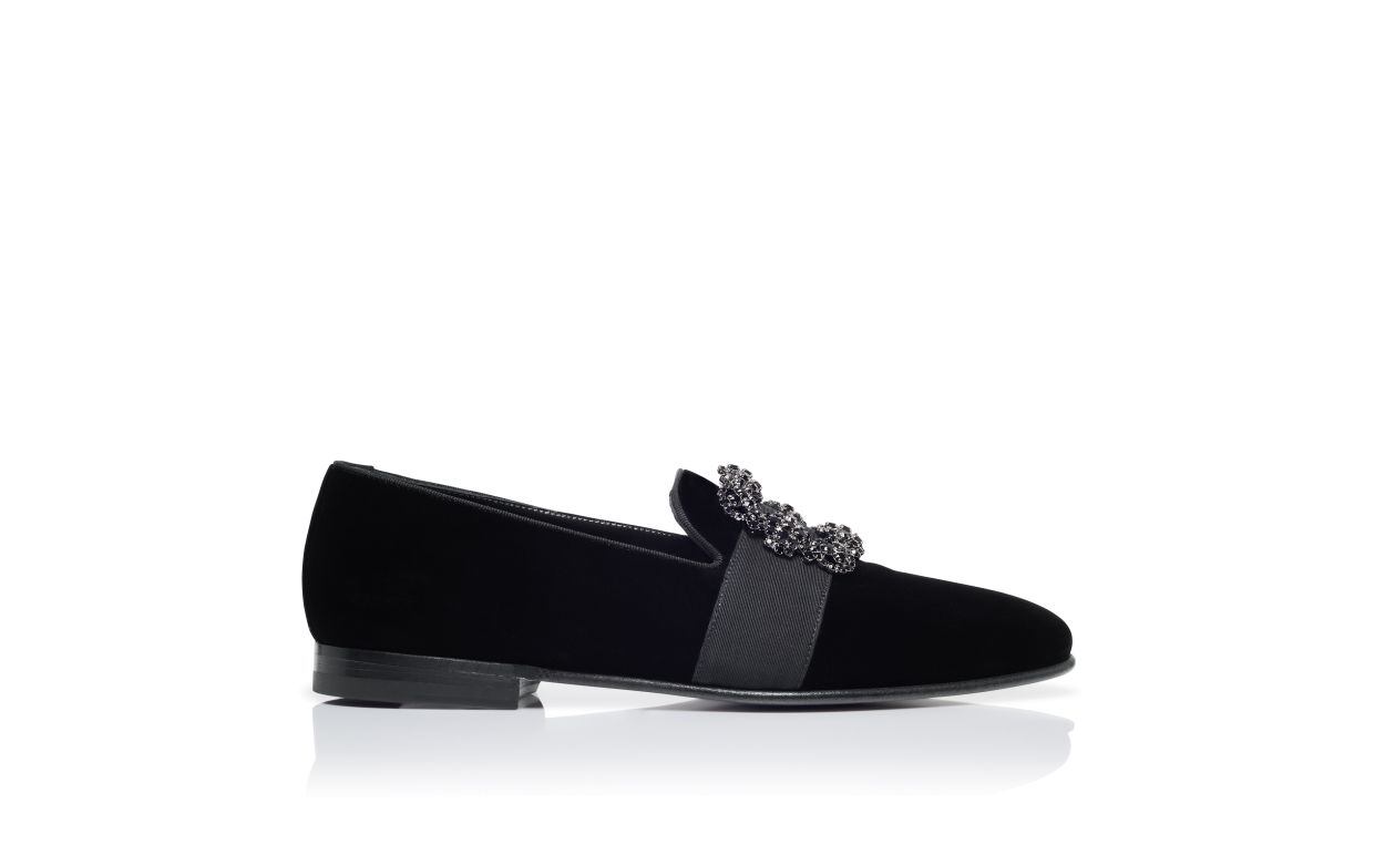 Mocassins com Fivela de Joia em Veludo Preto