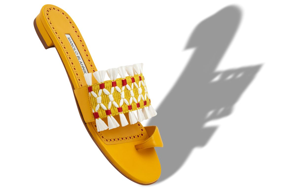 Mules Planas com Detalhe em Raffia de Couro Nappa Amarelo