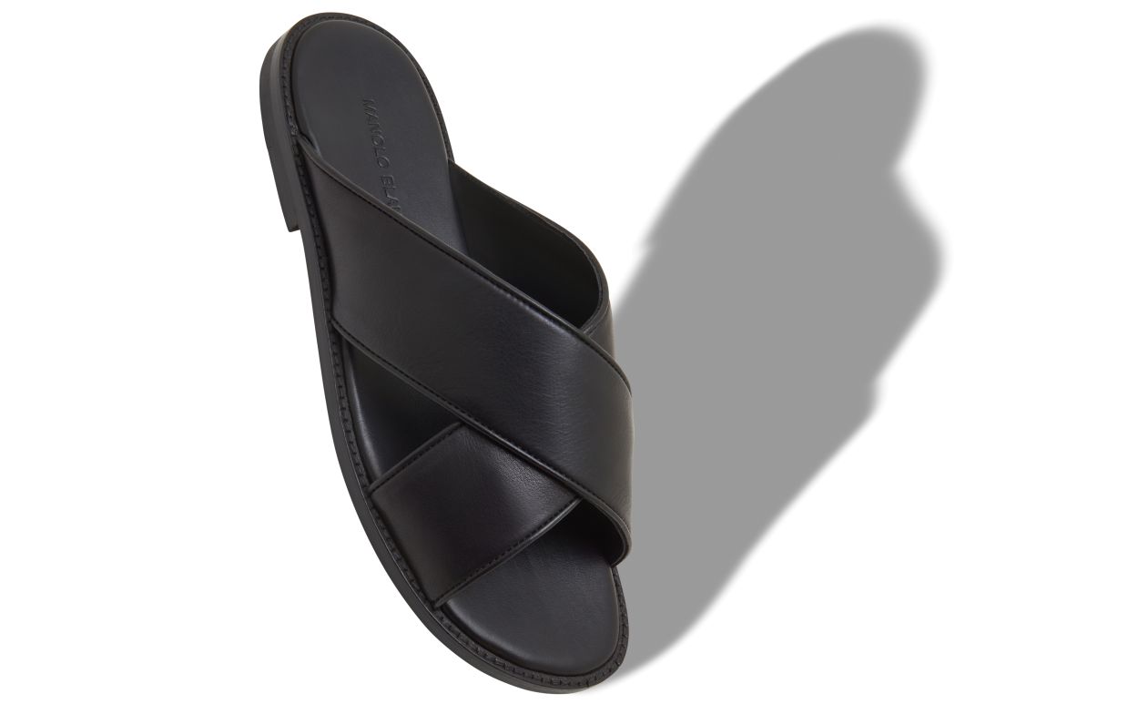 Sandalhas de Couro de Novilho Preto com Cruzamento