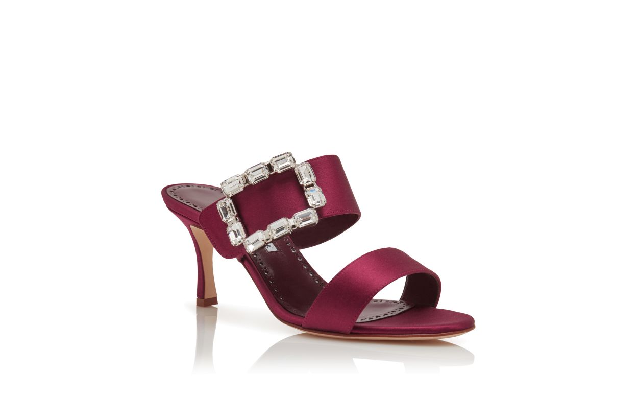 Mule com Fivela de Cristal de Seda Vermelho Escuro