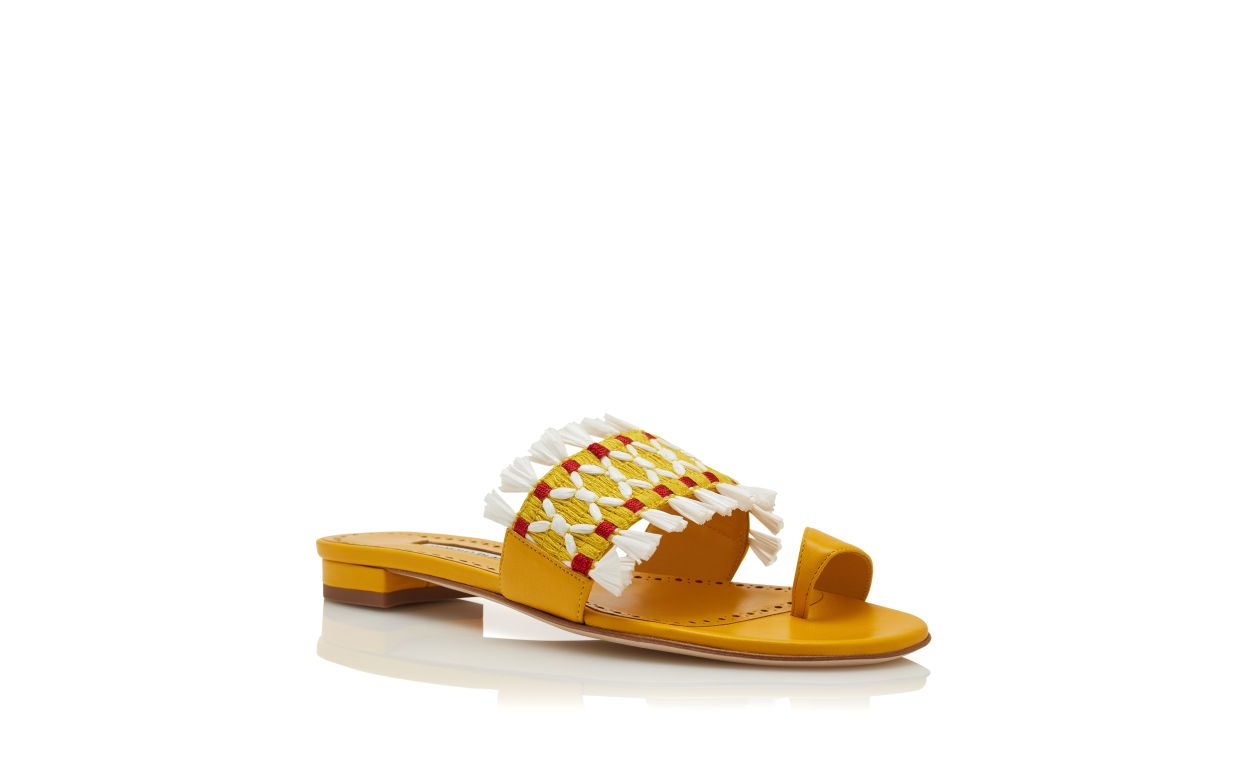 Mules Planas com Detalhe em Raffia de Couro Nappa Amarelo