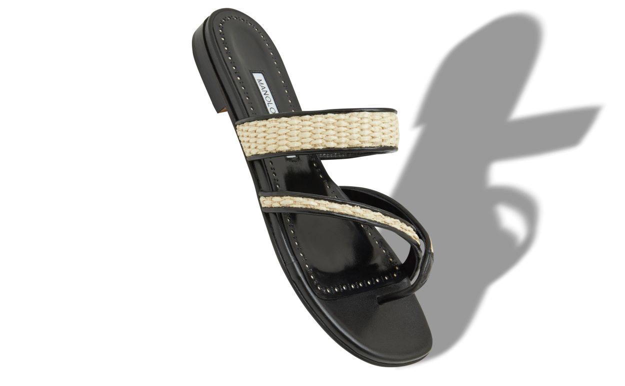 Sandalhas Planas de Raffia Preto e Bege