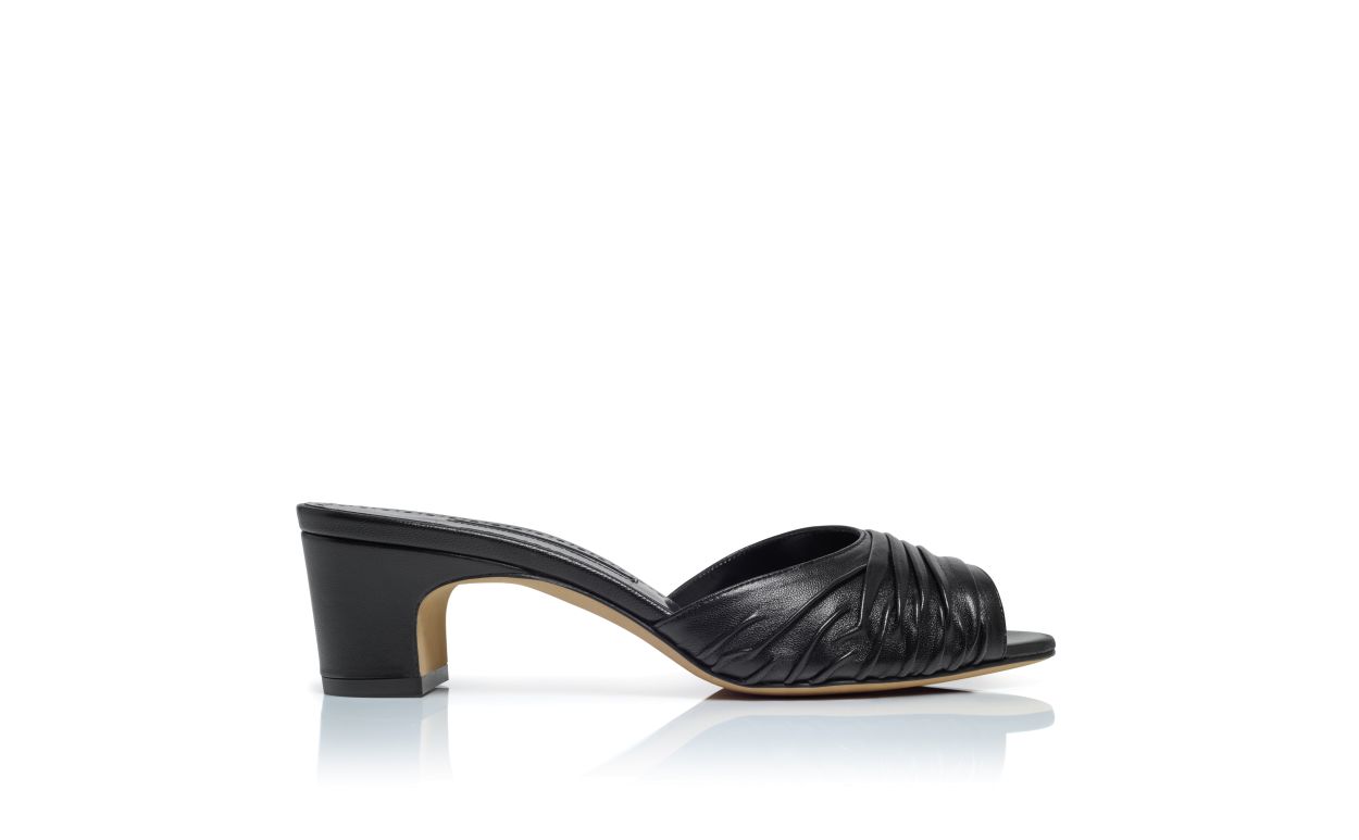 Mules de Couro Napa Preto com Detalhes Ruched e Biqueira Aberta
