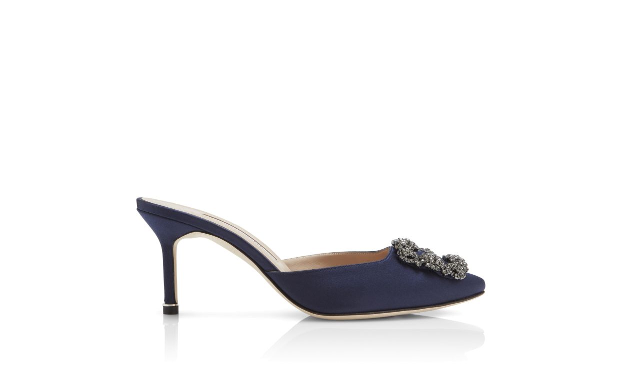 Mules de cetim Azul Marinho com Fivela de Joia