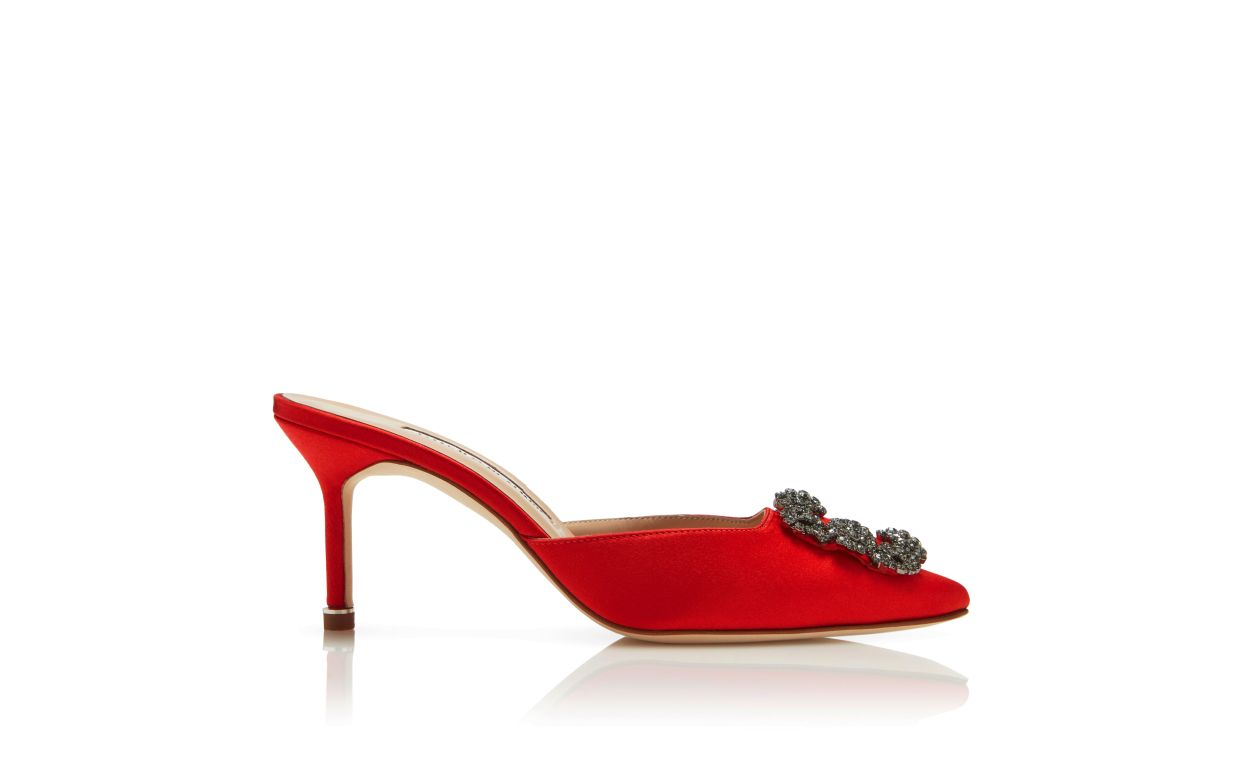Mules com Fivela de Jóia de Satin Vermelho