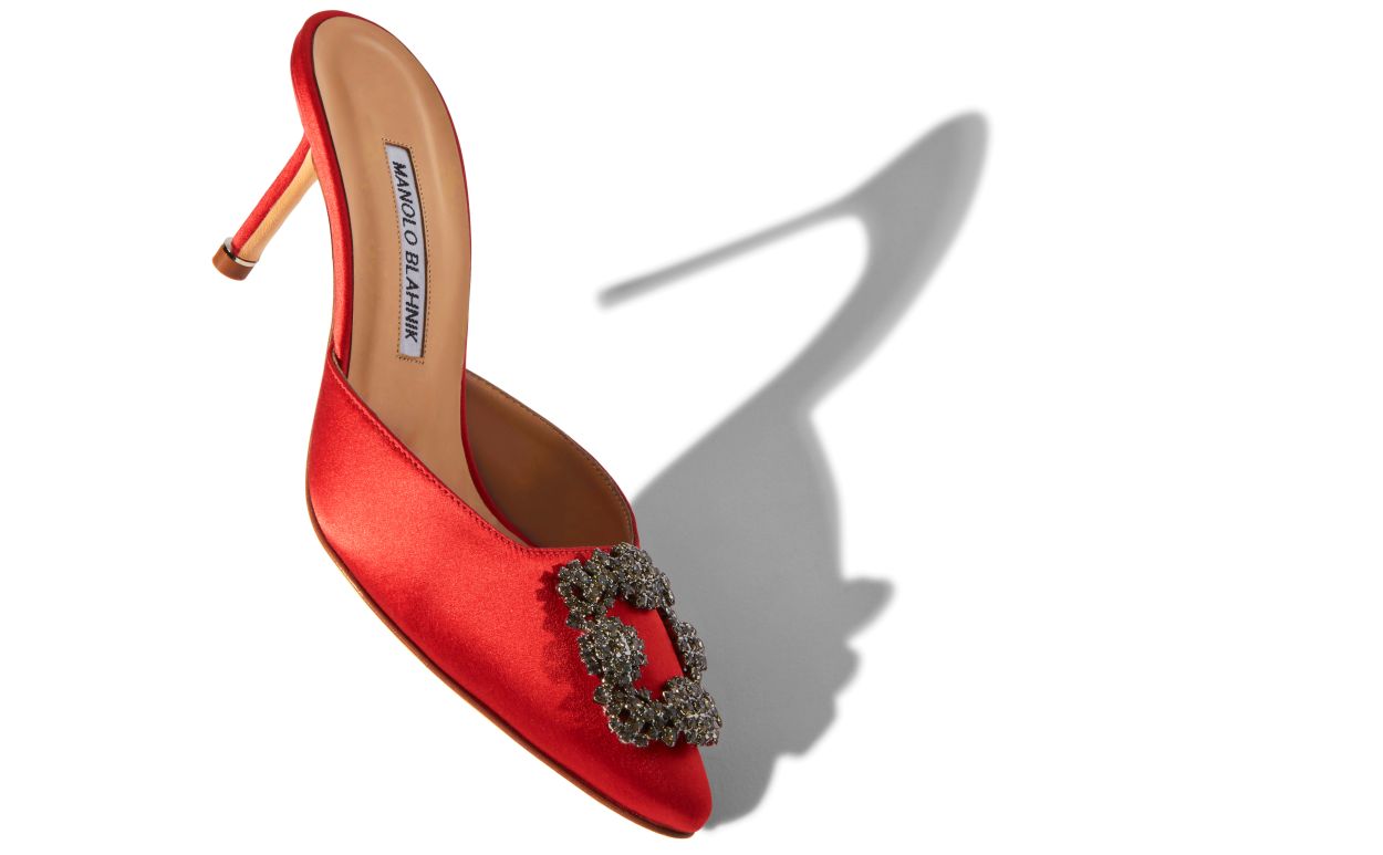 Mules com Fivela de Jóia de Satin Vermelho
