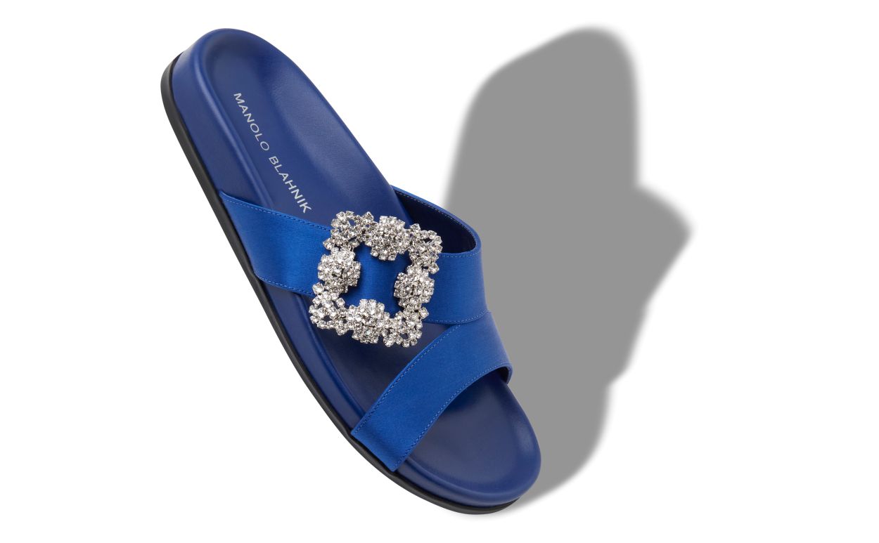 Mules Planas com Fivela de Joia de Satin Azul